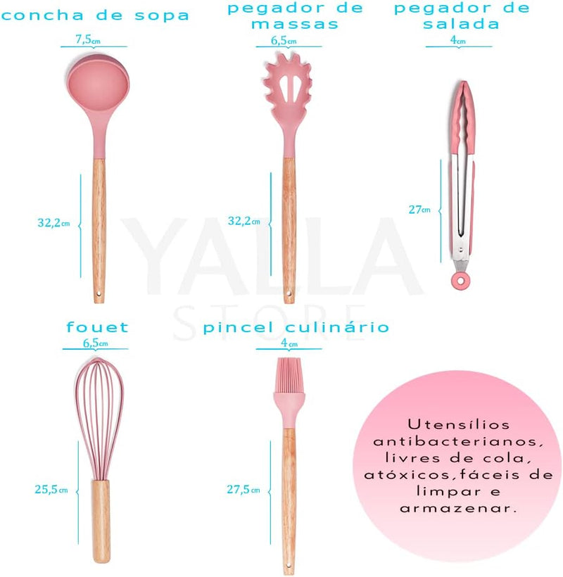 Jogo Utensílios de Cozinha Silicone Cabo de Madeira MM House (Vermelho)