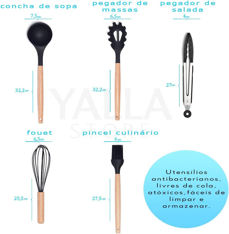 Jogo Utensílios de Cozinha Silicone Cabo de Madeira MM House (Vermelho)