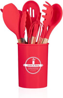 Jogo Utensílios de Cozinha Silicone Cabo de Madeira MM House (Vermelho)