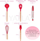 Jogo Utensílios de Cozinha Silicone Cabo de Madeira MM House (Vermelho)