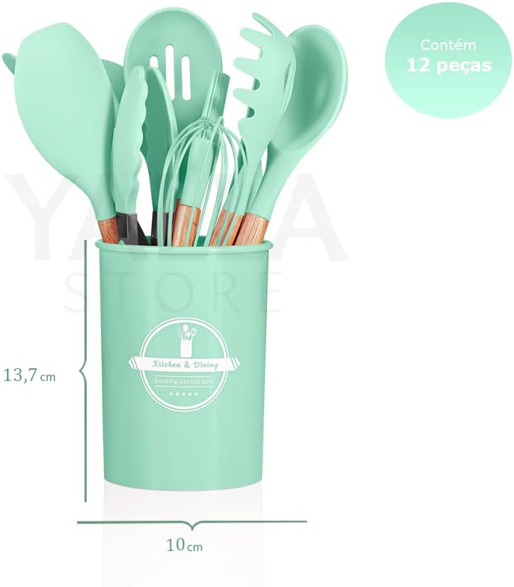 Jogo Utensílios de Cozinha Silicone Cabo de Madeira MM House (Vermelho)