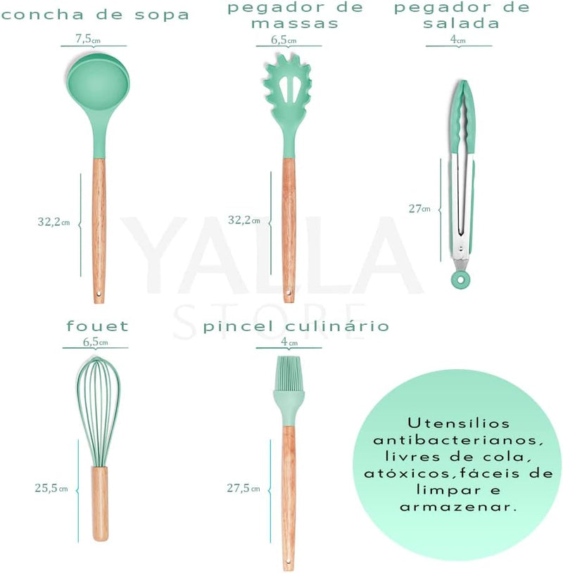Jogo Utensílios de Cozinha Silicone Cabo de Madeira MM House (Vermelho)