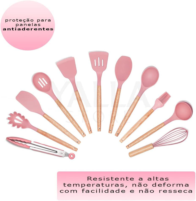 Jogo Utensílios de Cozinha Silicone Cabo de Madeira MM House (Vermelho)