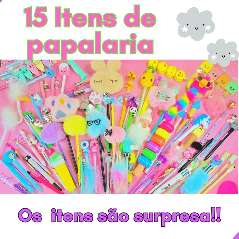 Kit Papelaria Criativa Fofa Divertida Kawaii Liccil Caixa 15 Itens Criativos Material Escolar