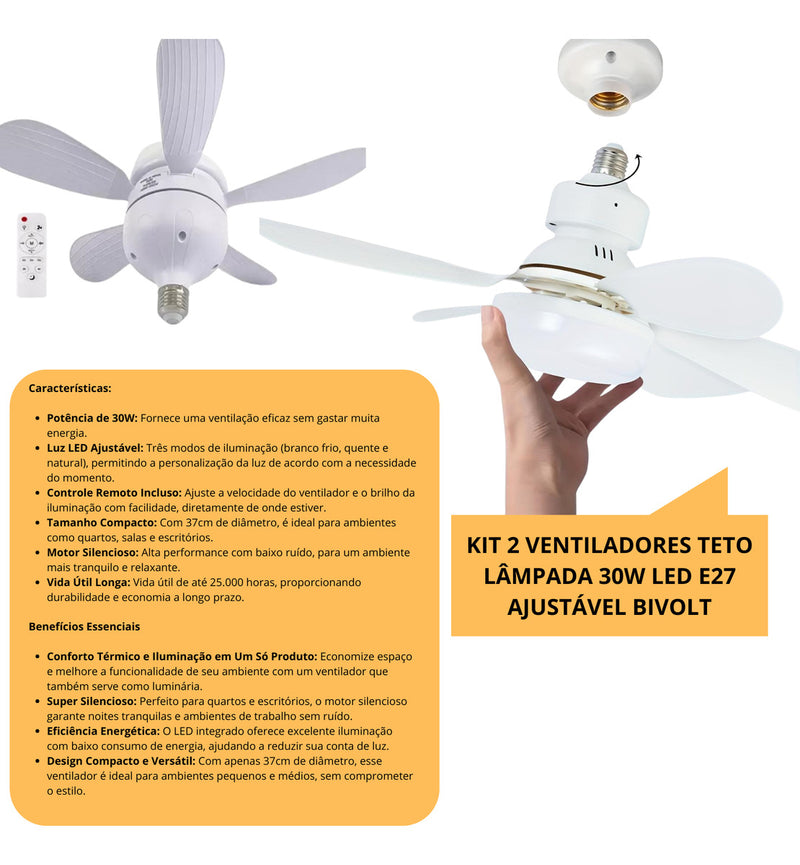 Ventilador Teto Lâmpada 30w Led E27 Ajustável Bivolt Kit 2