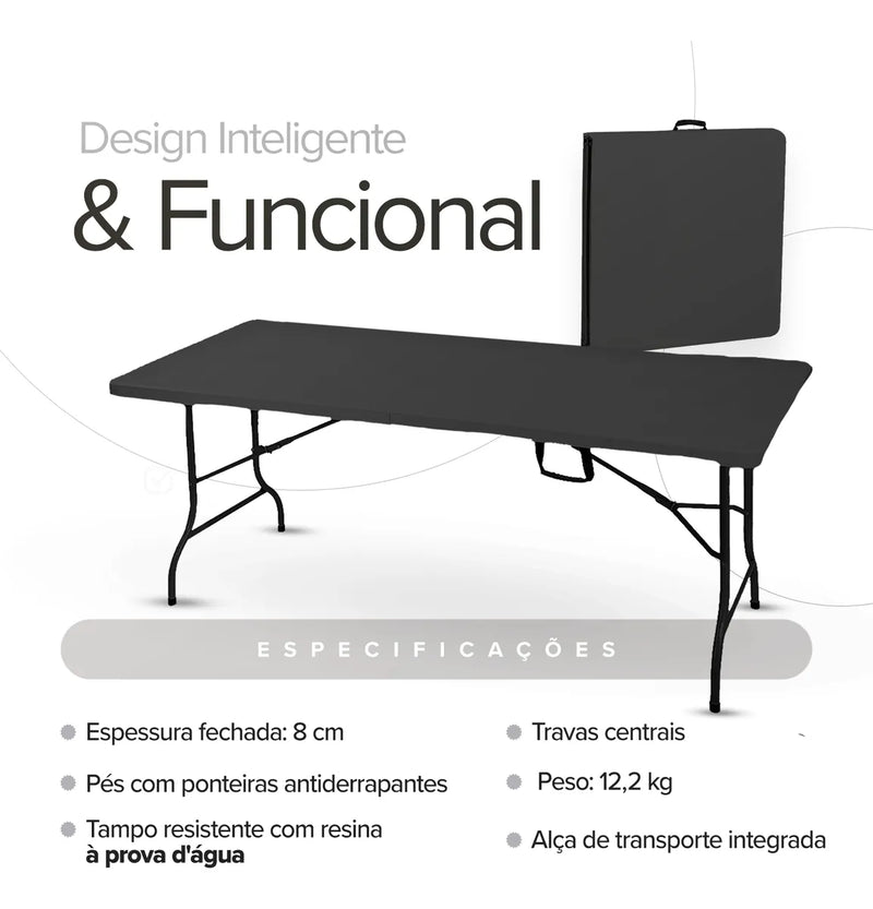 Mesa Dobrável Vira Maleta Com Alça Portátil 1.80m Para Camping Pesca Jardim Área Externa Ou Interna Salão De Festas Gourmet LuvinCo