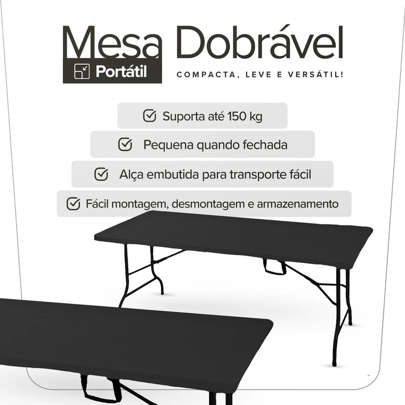 Mesa Dobrável Vira Maleta Com Alça Portátil 1.80m Para Camping Pesca Jardim Área Externa Ou Interna Salão De Festas Gourmet LuvinCo