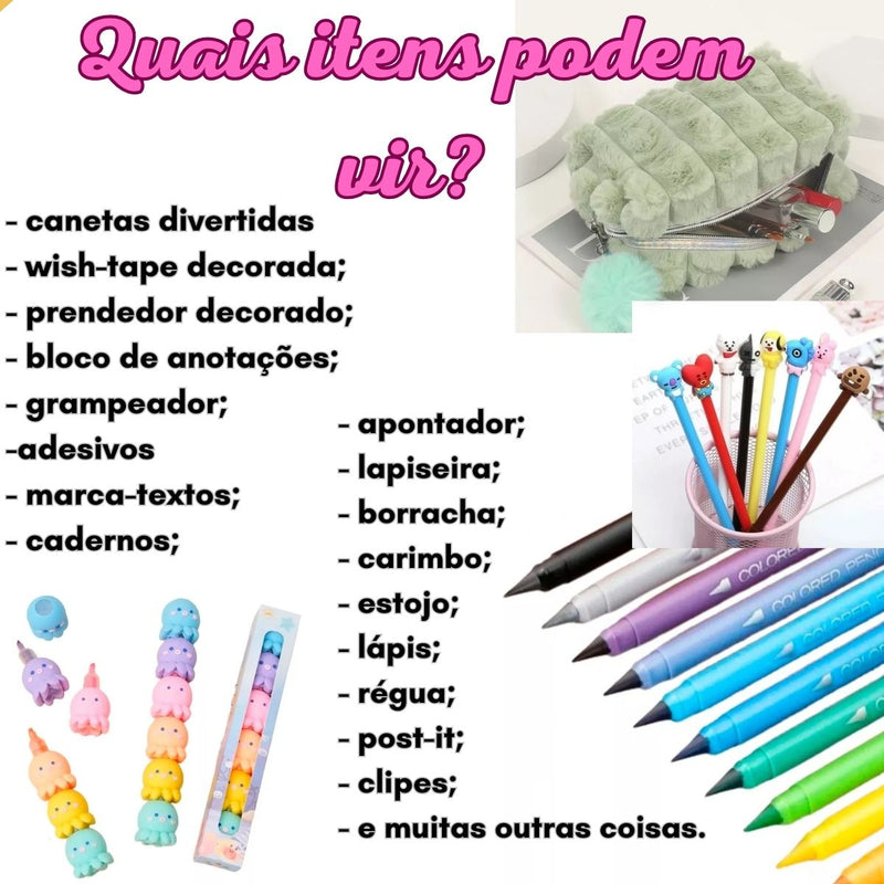 Kit Papelaria Criativa Fofa Divertida Kawaii Liccil Caixa 15 Itens Criativos Material Escolar