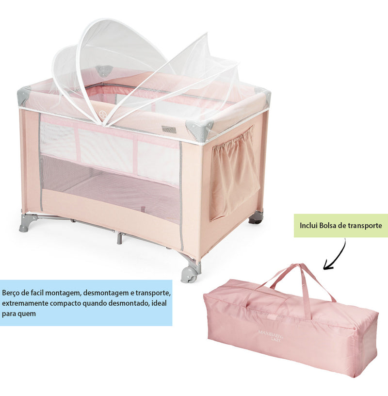 Berço Portátil Infantil Cercado – Rosa | Suporta até 15kg