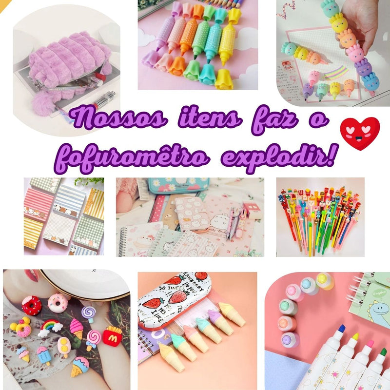 Kit Papelaria Criativa Fofa Divertida Kawaii Liccil Caixa 15 Itens Criativos Material Escolar