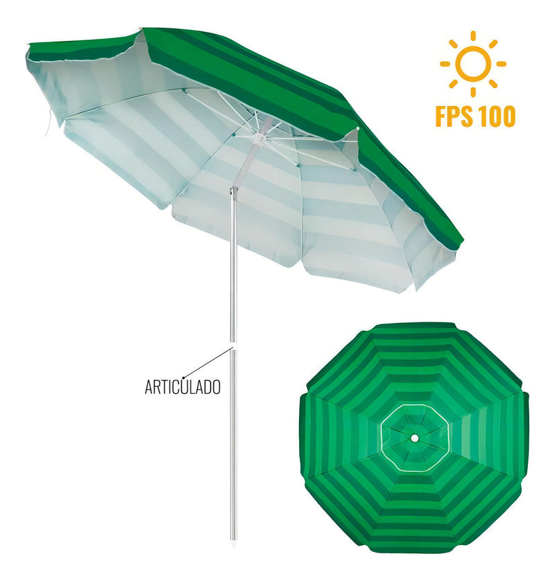 Guarda sol alumínio articulado 2,40m proteção sol silver coating verde listras Mor