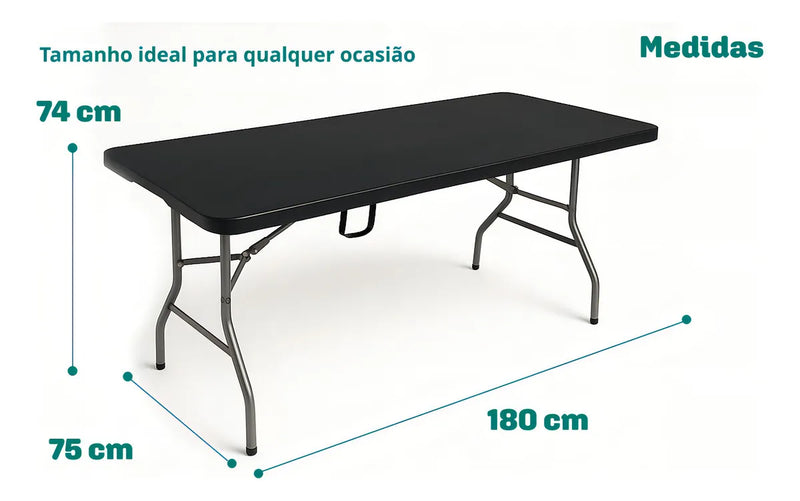 Mesa Dobrável Vira Maleta Com Alça Portátil 1.80m Para Camping Pesca Jardim Área Externa Ou Interna Salão De Festas Gourmet LuvinCo