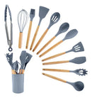 Kit C/12 Peças Utensílios De Cozinha Colheres Espatula Silicone Cabo Madeira Decoração