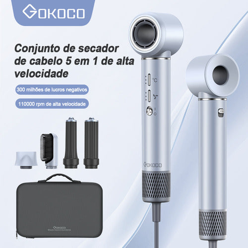 Secador de Cabelo 5 em 1 Conjunto, 1400W Alta Velocidade 110000 Rpm, Kit Modelador Liso e Cacheado com Bocal Magnético