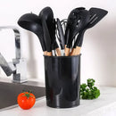 Kit C/12 Peças Utensílios De Cozinha Colheres Espatula Silicone Cabo Madeira Decoração
