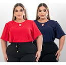 Kit 2 Blusas Feminino Gola Redonda Com Mangas Lisa Plus Size