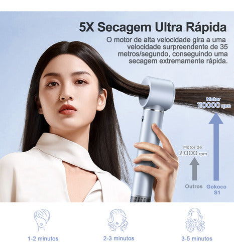 Secador de Cabelo 5 em 1 Conjunto, 1400W Alta Velocidade 110000 Rpm, Kit Modelador Liso e Cacheado com Bocal Magnético