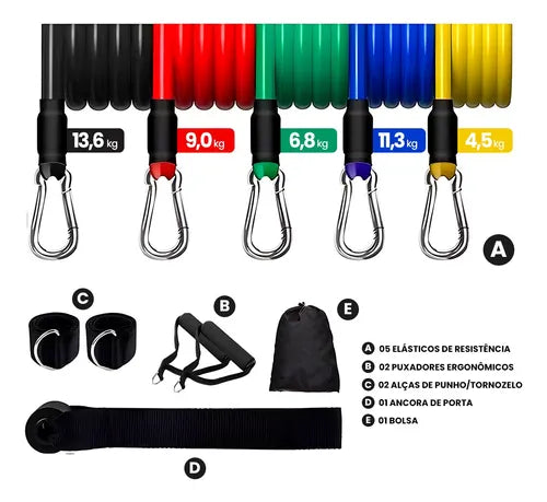 Kit Elástico 11 Itens Extensor Para Treinamento Funcional