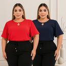 Kit 2 Blusas Feminino Gola Redonda Com Mangas Lisa Plus Size