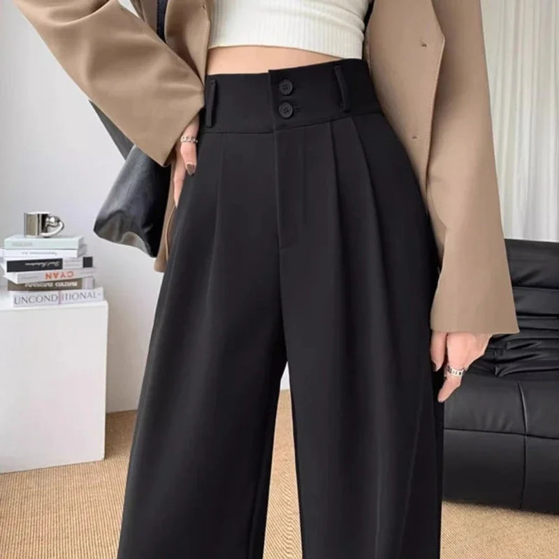 Calças largas elegantes femininas estilo coreano cintura alta