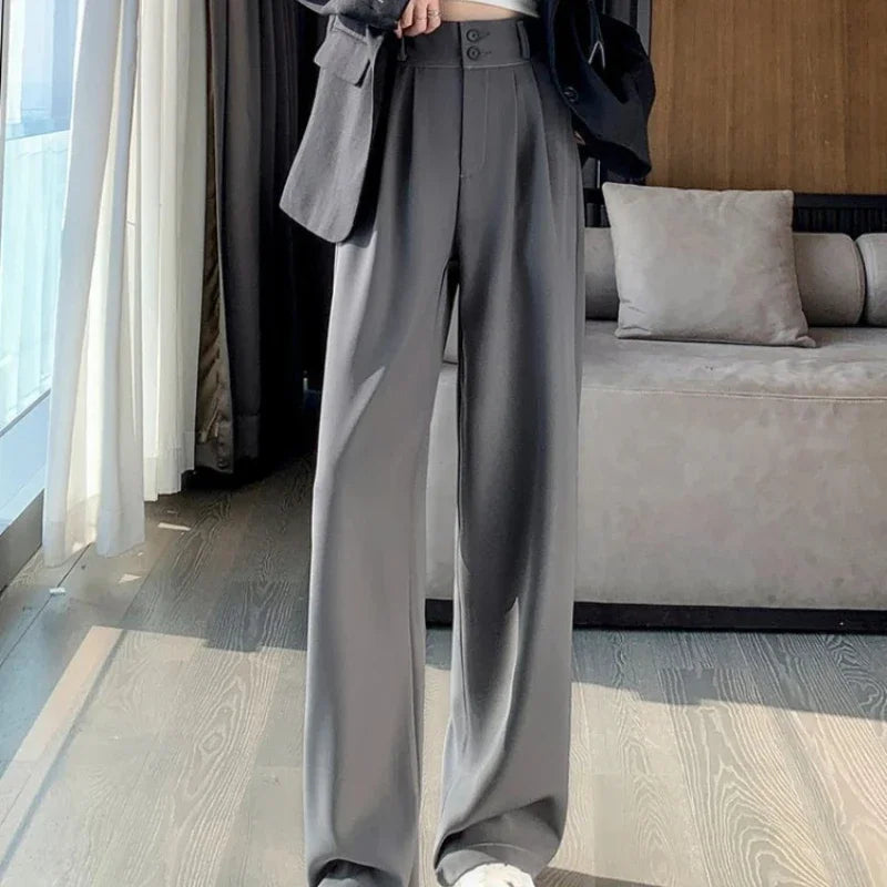 Calças largas elegantes femininas estilo coreano cintura alta