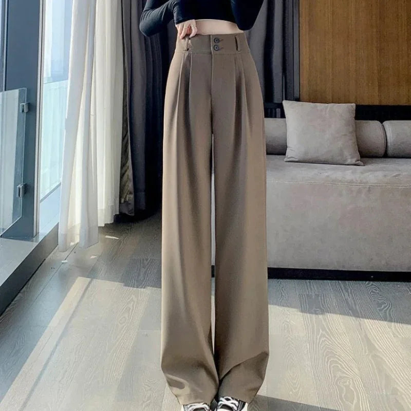 Calças largas elegantes femininas estilo coreano cintura alta