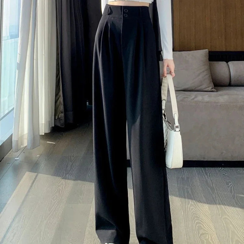 Calças largas elegantes femininas estilo coreano cintura alta
