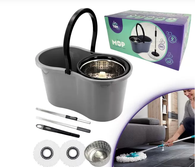 Mop Giratório Com Cesto Em Inox C/2 Limpeza Giratório 9L