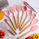 Kit C/12 Peças Utensílios De Cozinha Colheres Espatula Silicone Cabo Madeira Decoração