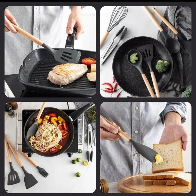 Kit C/12 Peças Utensílios De Cozinha Colheres Espatula Silicone Cabo Madeira Decoração