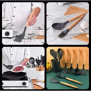 Kit C/12 Peças Utensílios De Cozinha Colheres Espatula Silicone Cabo Madeira Decoração