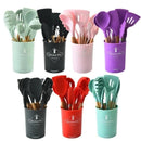 Kit C/12 Peças Utensílios De Cozinha Colheres Espatula Silicone Cabo Madeira Decoração