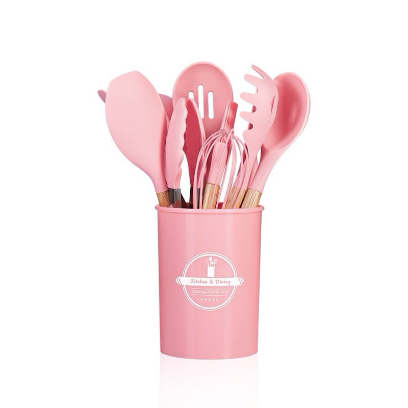 Kit C/12 Peças Utensílios De Cozinha Colheres Espatula Silicone Cabo Madeira Decoração