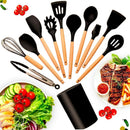 Kit C/12 Peças Utensílios De Cozinha Colheres Espatula Silicone Cabo Madeira Decoração