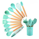 Kit C/12 Peças Utensílios De Cozinha Colheres Espatula Silicone Cabo Madeira Decoração
