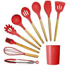 Kit C/12 Peças Utensílios De Cozinha Colheres Espatula Silicone Cabo Madeira Decoração
